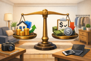 Illustration showing a balance scale representing coverage limits and deductibles within a rental living space.