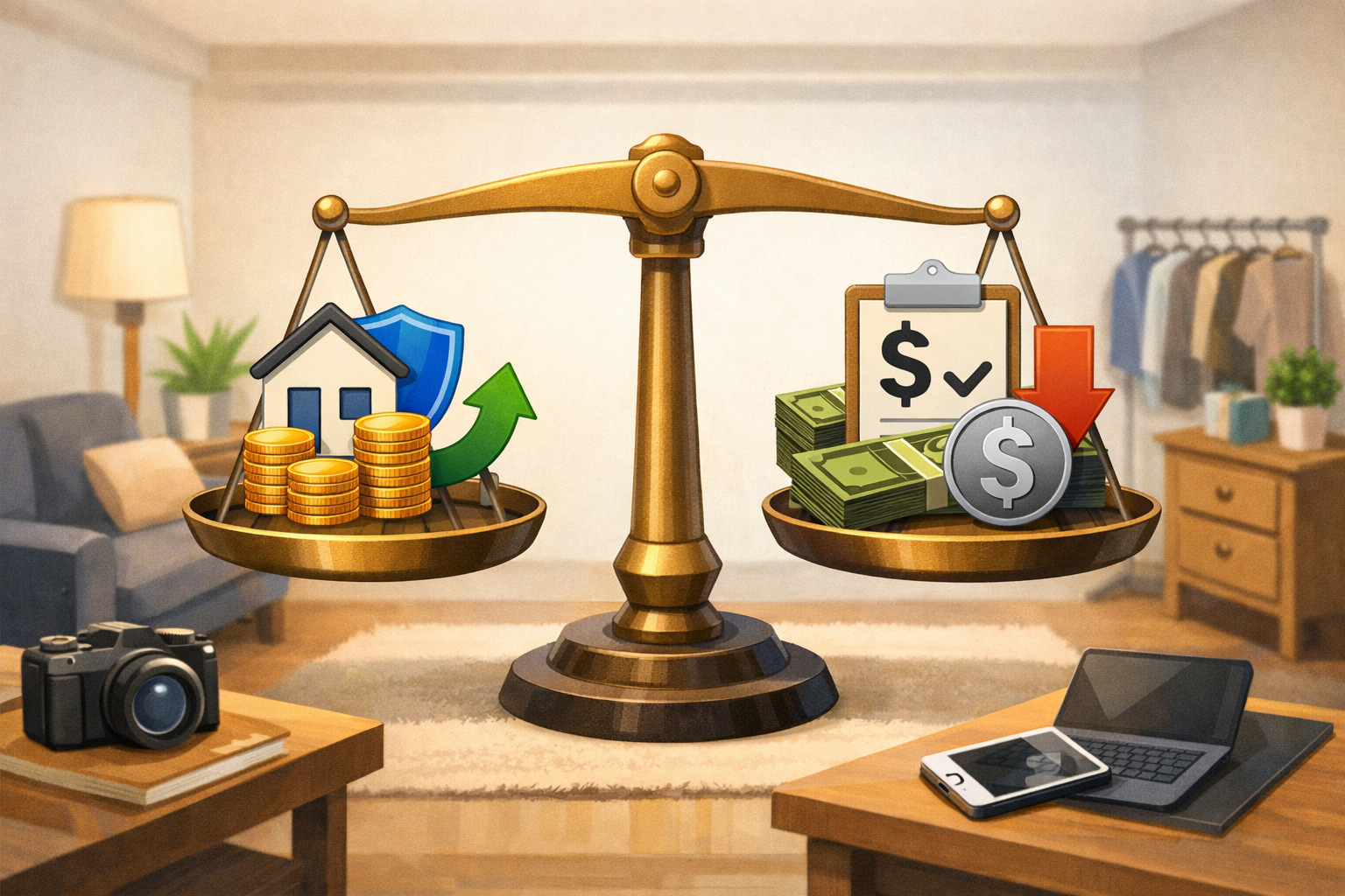 Illustration showing a balance scale representing coverage limits and deductibles within a rental living space.