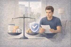 Illustration of a renter reviewing monthly household expenses with balanced financial icons and a calm residential setting.