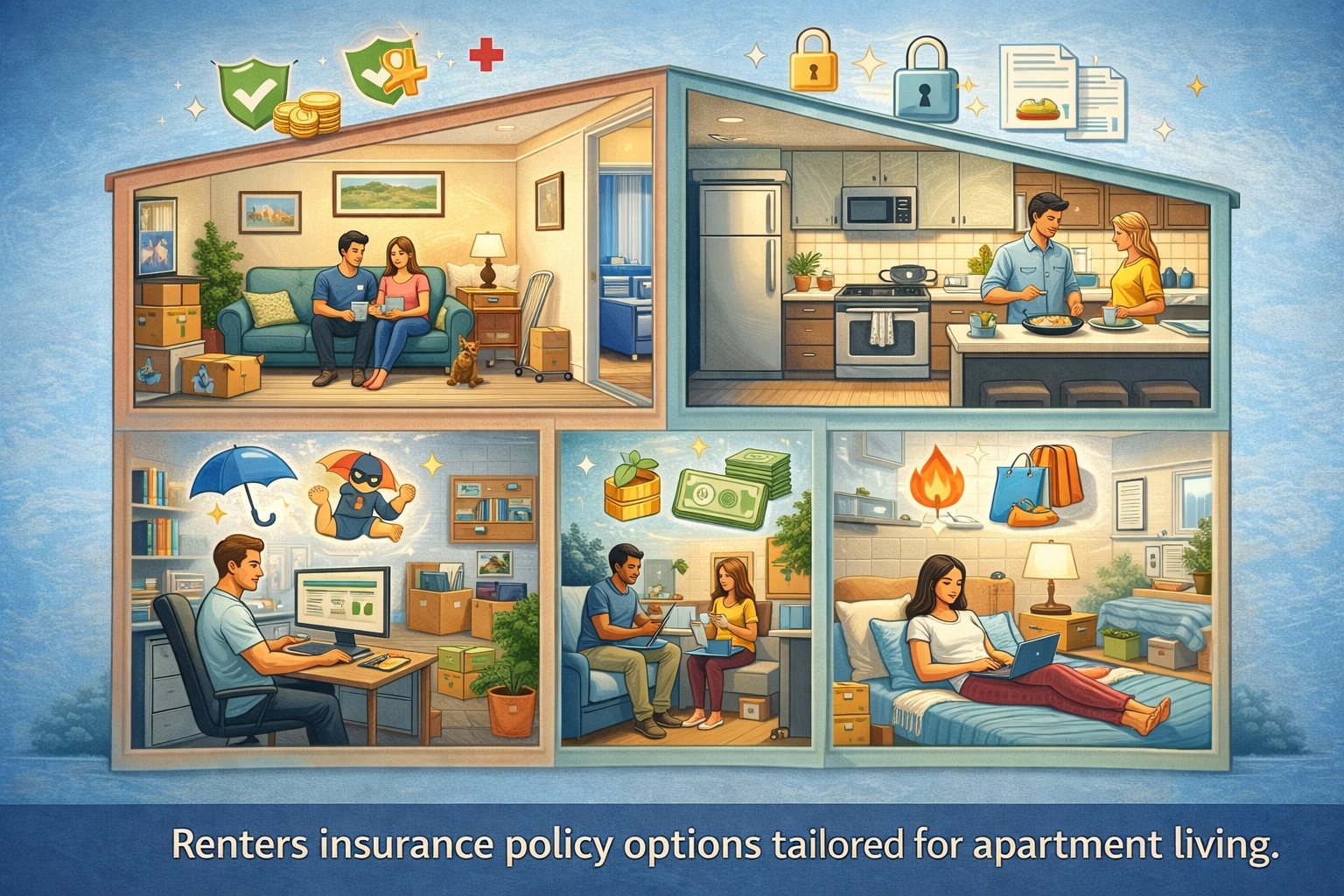 Illustration of multiple apartment units with different interior layouts symbolizing diverse insurance policy options.
